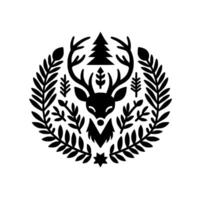 A symmetrical, minimalist black and white illustration of a stylized deer head surrounded by a wreath of leaves, fir tree, and other forest elements. vector