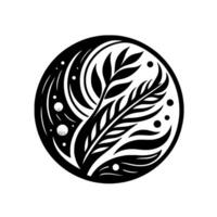 YinYang Style Black and White Floral Illustration, Centered in a Circle, Featuring Leaves, Lines, and Dots, on a Clean White Background. vector