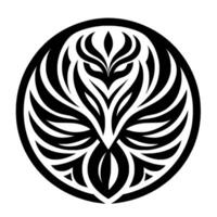 A symmetrical, black and white featuring an owllike avian form in a circular frame, showcasing tribalinspired patterns. vector