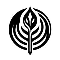 A symmetrical, stylized black and white featuring a treelike form within a circle, with a modern, elegant aesthetic. vector