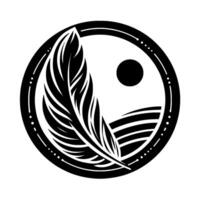 Yin Yang style feather and landscape , set in a black circle, symbolizing balance with a minimalist, monochromatic aesthetic. vector