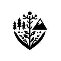 Minimalist Black White NatureInspired Emblem Trees, Mountain, Foliage Within ShieldShaped Frame vector