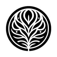 Circular black and white minimalist floral emblem, a symmetrical of leaves and dots within a ring. vector