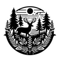 Silhouette of a majestic stag amidst a dense forest, enclosed in a circular frame, with the sun and birds. vector