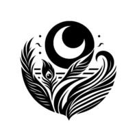 Celestial Embrace A stylized blackandwhite with a crescent moon, featherlike forms, a peacock eye motif, and elements of waves and stylized birds. vector