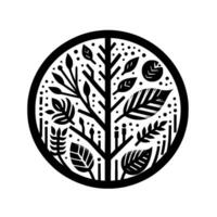 Circular monochrome illustration featuring stylized tree and various leaf shapes, creating a decorative natural . vector