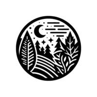 A circular minimalist black and white illustration of a serene nighttime forest scene with a crescent moon, stars, and trees, evoking a peaceful atmosphere. vector