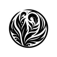 Symmetrical Black and White Floral Inside a Circle, Featuring Abstract Leaves and Elegant Swirls. vector