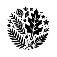 A stylized circular emblem featuring a collection of diverse leaves, berries, and floral elements in bold black on white, evoking a nature theme. vector