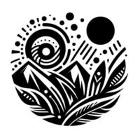Abstract Black and White Circular Illustration Featuring Mountains, Swirls, Botanical Elements, and Geometric Shapes. vector