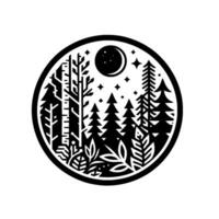 Circular, minimalist, black and white illustration of a serene forest landscape under a starry night sky with crescent moon and assorted foliage. vector