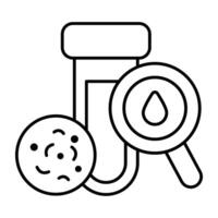An editable Linear icon of search sample tube, lab apparatus vector