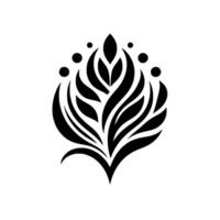 Symmetric Black Floral with Leaves, Petals, and Dots on a White Canvas, Art, Minimalist. vector