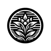 Intricate floral emblem, a black and white botanical illustration set within a circular frame with stylized horizontal lines. vector