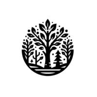 Black and White Minimalist Nature Oval Frame Enclosing Diverse Trees, Forest, and Dot Accents, Symbolic of Growth. vector