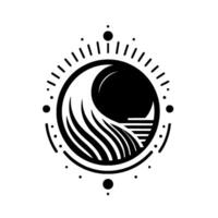 Abstract, minimalist black and white circular with stylized wave, sun, and dot pattern, evoking a sense of calm and balance. vector