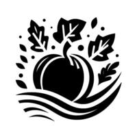 Stylized Black and White Pumpkin with Leaves and Ornamental Waves, Minimalist Fall . vector