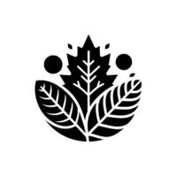 Bold, symmetrical black and white botanical featuring a central maple leaf, two side leaves, and two circular elements, all set against a stark white background. vector