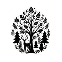 Stylized black and white illustration of a deer standing beneath a tree, surrounded by foliage and fir trees, forming an oval. vector