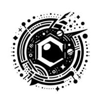 Abstract Geometric Composition with Hexagon Center, Surrounding Orbits, Dots, Lines, and Celestial Elements in Black and White. vector