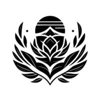 Intricate black and white botanical illustration featuring stylized leaves, petals, and an egglike shape above a central flower, reminiscent of a crest or emblem. vector