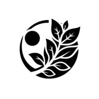 Yin Yang inspired black and white of a circular shape with a solid black sun and a stylized leafy branch . vector
