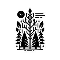 Geometric Black and White Forest Illustration with Moon, Trees, and Abstract Foliage, Suggesting Natures Balance. vector