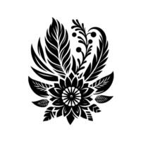 Intricate black and white floral featuring a central stylized flower with surrounding leaves, feathers, and botanical elements, evoking a sense of elegance and nature. vector