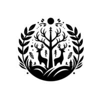Black and White Circular Emblem Featuring Two Deer Flanked by Foliage, Trees, and a Central Tree with a Sun. vector