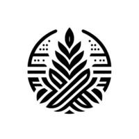 Abstract monochrome emblem of wheat stalk, leaves, and ornamental frame, minimalist on a white background. vector