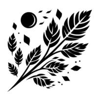 Monochrome Botanical Illustration of a Branch with stylized leaves, a crescent sun, and abstract shapes, against a white backdrop. vector