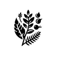 Abstract Botanical Illustration in Black and White, Featuring Leaves, Water Droplets, and Fruit Elements in a Simple, Flat . vector