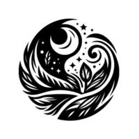 Black and white Yin Yang with a crescent moon, stars, swirling waves and leaves within a circular pattern, evoking balance and nature. vector