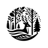 Stylized Black and White Circular Illustration of Deer in a Forest Landscape with Trees and Foliage. vector