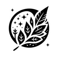 Abstract, minimalist, black and white emblem depicting stylized leaves and stars within a circular frame, evoking a sense of nature and celestial beauty. vector