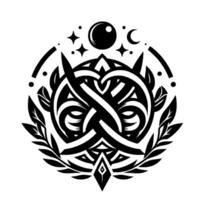 Intricate Black White Circular Ornamental with Celtic Knot Elements, Celestial Motifs, and Foliage. vector