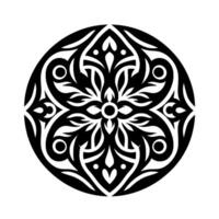 Intricate black and white symmetrical circular floral pattern, a detailed on a white background, evoking a sense of elegance. vector