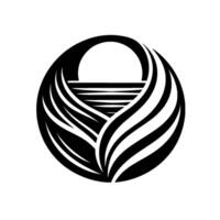 A stylized black and white circular depicting a sunrise over water with layered elements that could represent waves, leaves, or feathers. vector