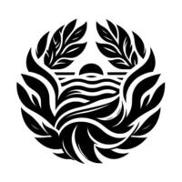 Artistic black and white circular depicting a sunset over wavy water surrounded by stylized leaflike elements. vector