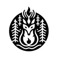 Black and White Circle Featuring a stylized Fox with flames and stylized trees, a fire, a river, and a minimal aesthetic. vector