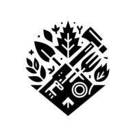 Geometric black and white garden tools and leaf elements arranged within a diamond shaped composition, representing nature and cultivation. vector