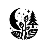 Minimalist Black and White Circular Composition Crescent Moon, Stars, Pine Tree, and Botanical Elements for a Nighttime Dreamscape. vector
