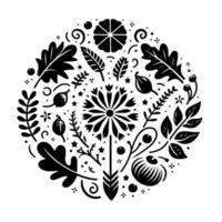 Monochromatic Botanical Mandala Intricate floral and foliage elements arranged in a circular, symmetrical , evoking natures elegance. vector