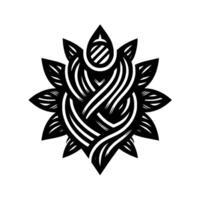 Intricate black and white floral mandala , featuring flowing lines, leaflike petals and a central seedpod element on a white background, creating a symmetrical, elegant artwork. vector