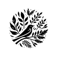 A Minimalist Black Bird Perched on Branch, Surrounded by Leafy Branches in Circular Composition vector