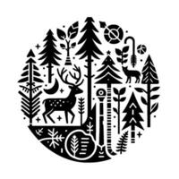 Stylized monochromatic forest scene in a circular frame, featuring a deer, trees, moon, and various natural elements. vector