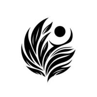 Abstract Black and White Circular with LeafLike Structures, a Dot, and a Curved Shape, Symbolizing Growth and Balance. vector