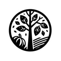 Minimalist Black and White Circular Depicting an Autumnal Scene with Tree, Pumpkin, and Field. vector
