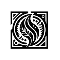 Black and white geometric leafinspired within a square frame, featuring layered shapes, contrasting textures, and circular elements. vector
