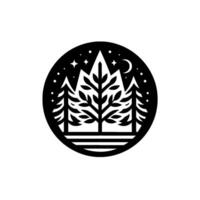 Black and white minimalist forest scene in a circular frame, featuring trees, mountains, stars, and a crescent moon. vector